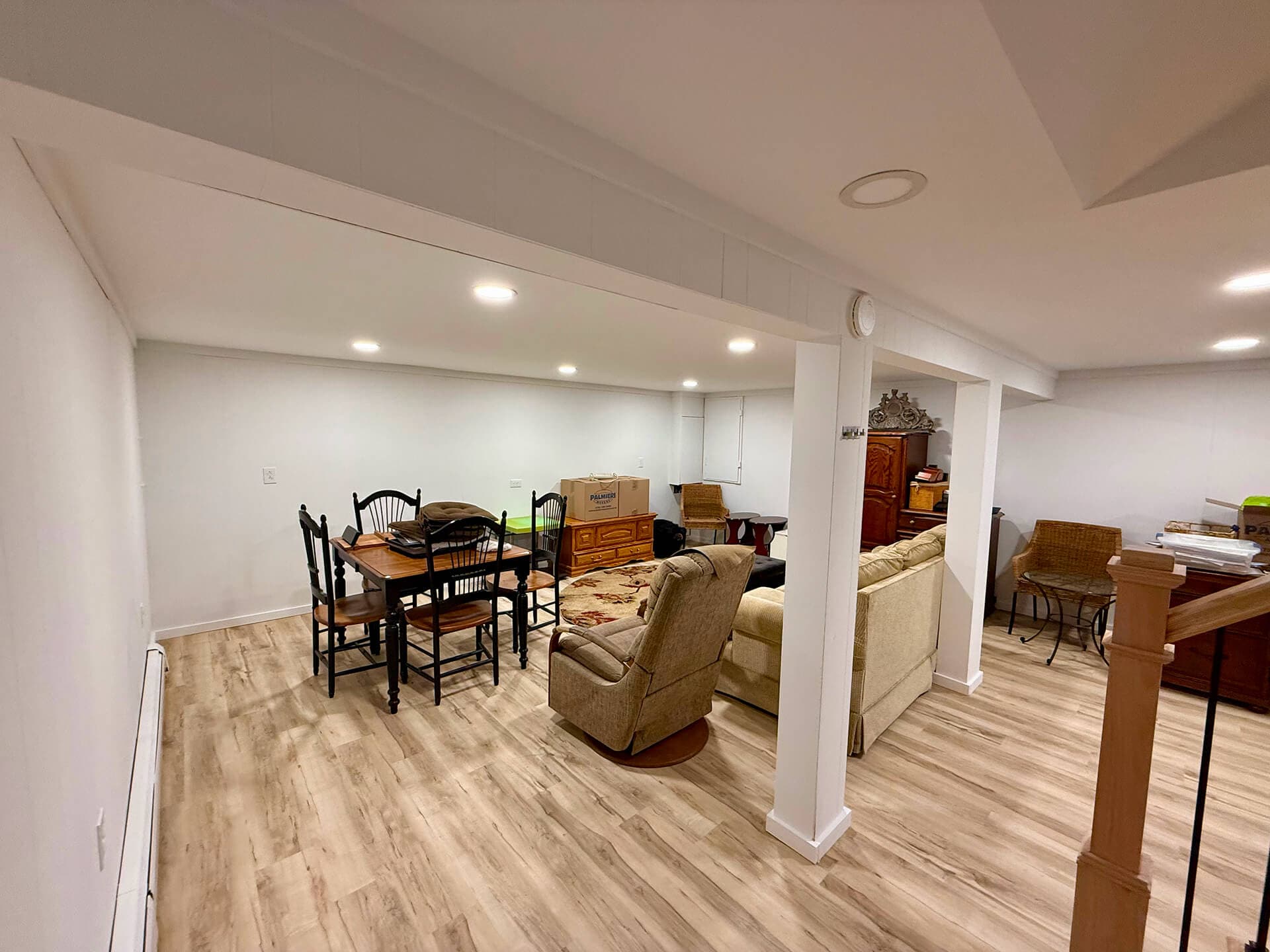 Full basement renovation- Sheetrock, prime, painted and trim work.